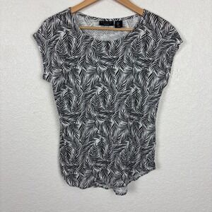 Tahari Womens Linen Top SZ M Black White Leaf Print Beach Resort Vacation Cruise